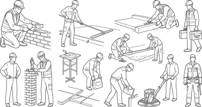Collection of construction workers and bricklayers in line art style for masonry industrial designs