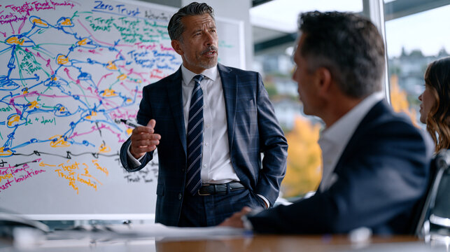 Chief information security officer sketching a zero trust network architecture on a whiteboard for a C-suite executive audience, colored marker nodes and trust boundary annotations filling the surfa