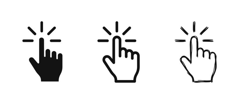 Click and hand cursor icons, touch gesture interface in solid, line and sketch styles