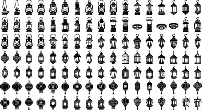Large collection of lantern silhouettes featuring vintage oil lamps camping lights Arabic Ramadan lanterns and traditional Chinese paper lanterns isolated on white background.