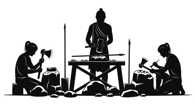 Black and white silhouette vector illustration showing an ancient tribe crafting stone age tools including axes and spears on a primitive workbench with stone hammers.