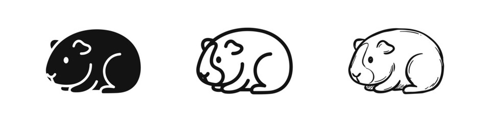 Fototapeta premium Guinea pig pet icon set in three styles: solid, outline and sketch