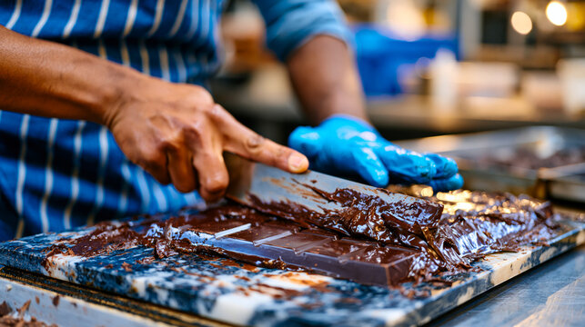 Ethical chocolate factory cooperative member tempering couverture on marble slab in small batch confectionery, fair trade cocoa processing, artisan confectionery production, bean to bar chocolate ma