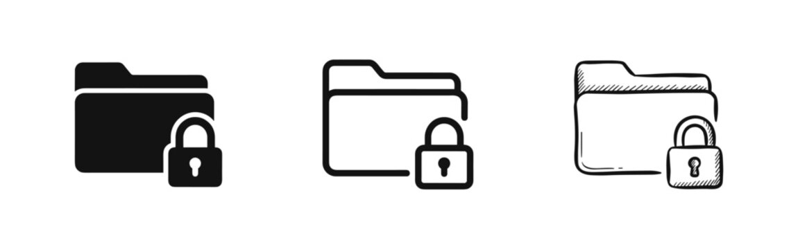 Locked folder icon set, secure data storage symbols, privacy and protection icons in flat, linear and doodle styles