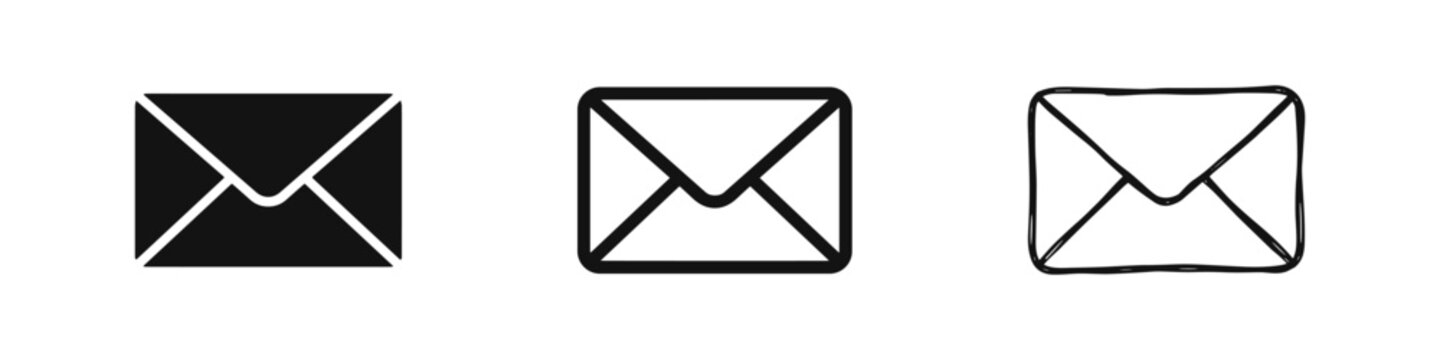 Email envelope icon set, message and communication symbols, mail notification signs in various graphic styles