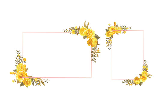 Rectangular frames decorated with watercolor yellow roses and green foliage accents for wedding invitations isolated on a transparent background