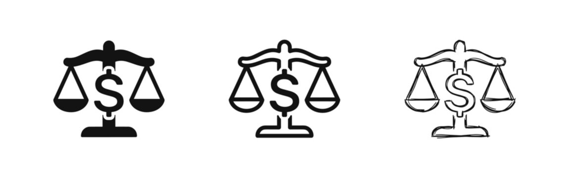 Set of scale of justice and dollar symbol icons, law and finance balance concept, vector illustration