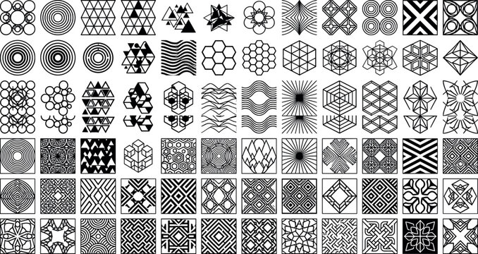 Collection of geometric abstract patterns sacred geometry shapes monochrome tile textures and linear ornaments isolated on white background vector illustration.