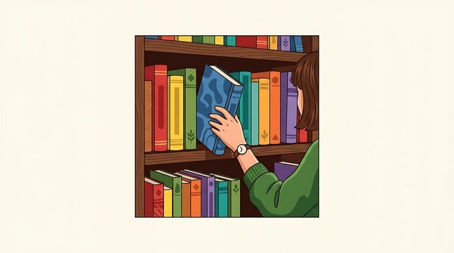 Hand Holding Colorful Books in Front of Library Bookshelf Vector Illustration for Education Learning Reading and Literature Design
