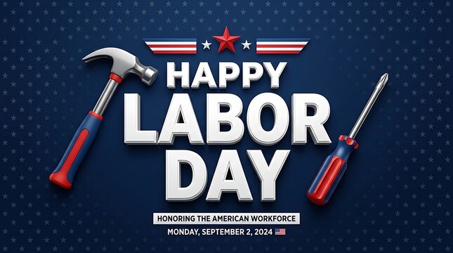 Happy Labor Day celebration pixel art graphic with hammer and wrench