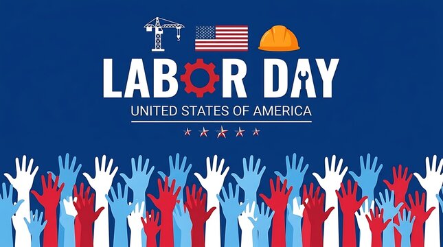 Labor Day celebration with raised hands and American flag illustration