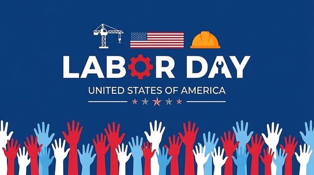 Labor Day celebration illustration with raised hands and American flag