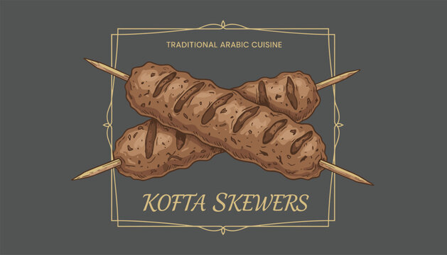 Traditional Arabic cuisine kofta skewers on wooden sticks shown crossed over a dark grey background with elegant border.