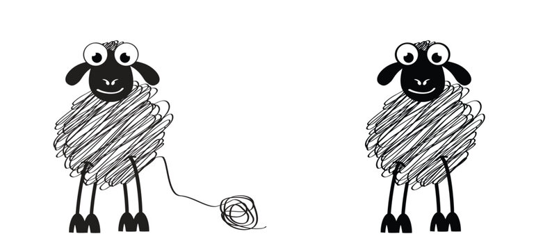 Cartoon, comic cute black and white sheep stickman and ball of wool. sheep icon. Drawing black sheep lamb sign or pictogram. Stick figure character. Happy animal face.