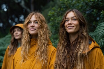 Fototapeta premium Two women standing side by side in forest wearing jackets