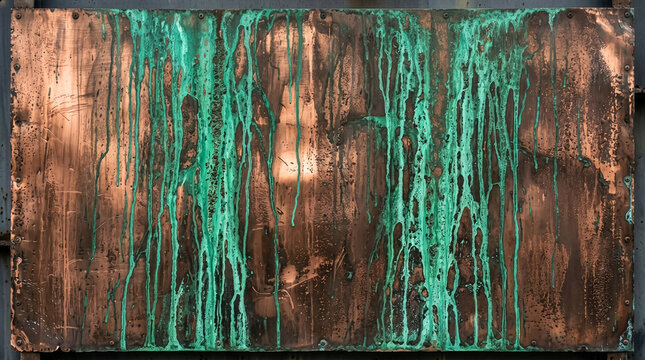Ethereal Green Bioluminescence Flow on Oxidized Copper Panel Abstract Technology Background