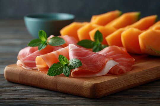Prosciutto slices placed on wooden cutting board beside melon