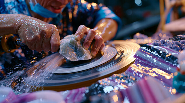 Jade carving artisan in Guangzhou workshop rotating rough nephrite stone against rotating diamond wheel, water mist cooling cut, traditional gemstone craft, stone carving artisan, cultural craft her