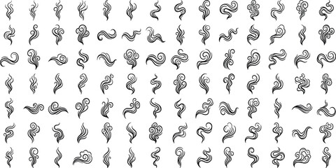 Collection of abstract smoke trails steam swirls curly aroma waves and oriental wind cloud silhouettes isolated on white background vector illustration. © AFSANA AKTER