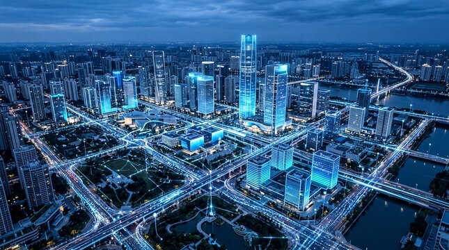 smart city concepts, a futuristic urban landscape features a digital twin city with holographic data