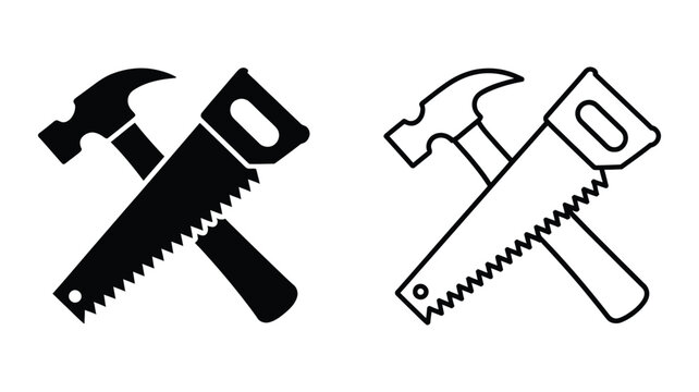 Hammer and saw icon featuring carpenter hand tools for woodworking, construction, home renovation, repair services, and workshop vector illustration.