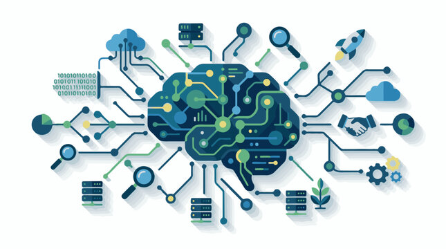 Stylized brain connects to digital world elements cloud rocket gears handshake