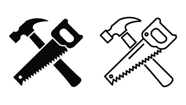 Hammer and saw icon featuring carpenter hand tools for woodworking, construction, home renovation, repair services, and workshop vector illustration.