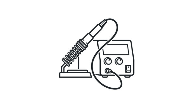 Elegant Black and White Line Drawing of Soldering Iron and Power Supply Unit for Electronics Repair