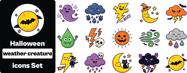 Fototapeta premium Set of 15 flat icons related to halloween weather creatures - collection of ghost, rainy cloud, lightning, moon, witch, pumpkin, wind, cat, skull vector elements