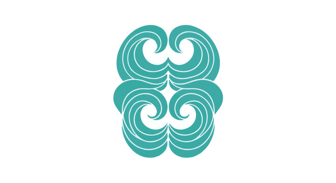 Teal vertical tribal wave totem illustration featuring symmetrical spiral patterns and curved lines resembling ocean waves or traditional koru motifs on a clean white background.