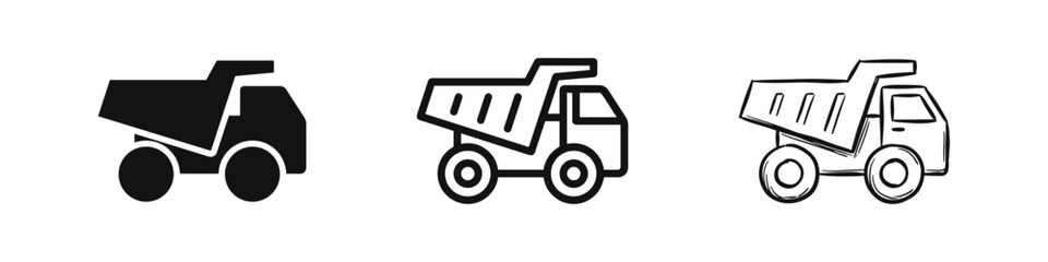 Set of Dump Truck Icons in Solid, Outline and Sketch Styles © drawing lines