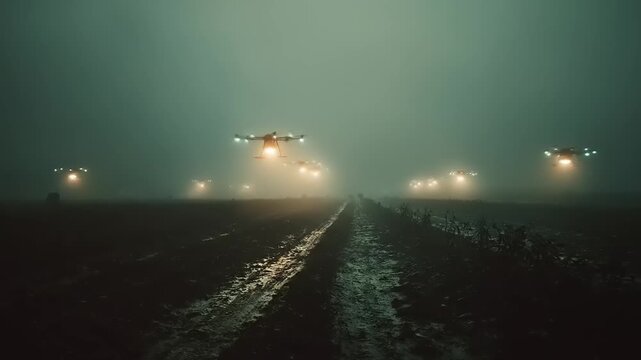 Swarm of illuminated unmanned aerial vehicles hovering over muddy field at night