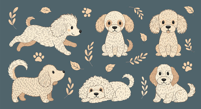 Vector illustration set of six whimsical cream-colored dogs in various poses including sitting, running, and lying down, accented with organic leaf motifs and paw prints on a dark background.