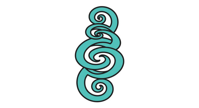 Vertical teal tribal spiral totem illustration featuring interlocking koru patterns and wave-like swirls with black outlines on a plain white background, indigenous style vector art.