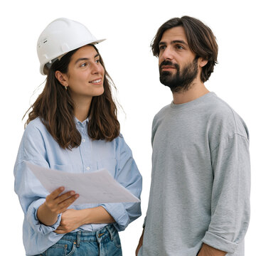 Portrait of a female construction worker or architect in a hard hat holding blueprints and talking to a man isolated on transparent or white background, png