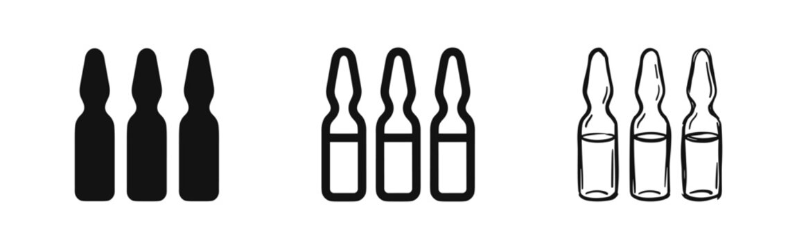 Set of ampoules icons in different styles, medical glass vials for injection and vaccination