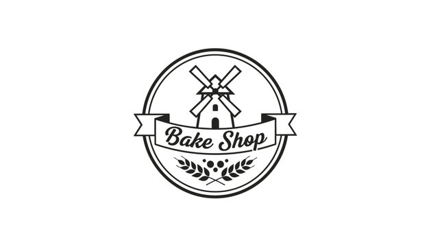 Vintage style monochrome bake shop circular logo badge design featuring a traditional windmill and wheat ears.
