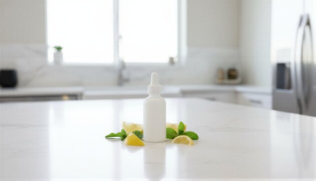 Fresh citrus flavor enhancer bottle on a sunlit minimalist stone countertop