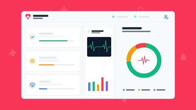 medical dashboard UI interface, clean minimalist flat vector design, advanced healthcare data analytics and patient monitoring, featuring heart rate graphs and vital