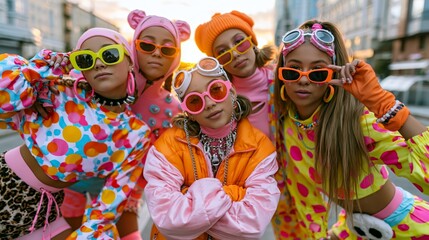 Obraz premium Five confident young women in vibrant pop fashion pose on a city street wearing colorful sunglasses and bold accessories.