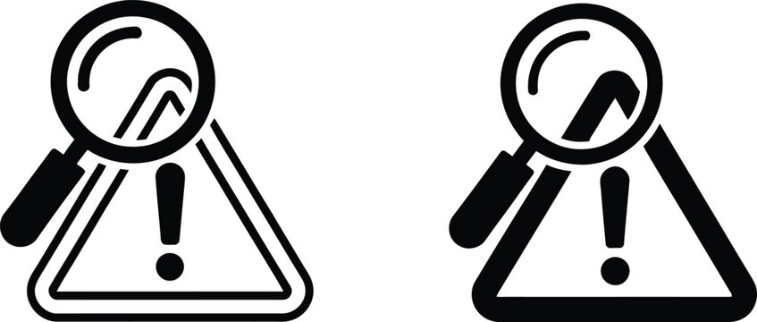 Warning sign character with magnifying glass looking at exclamation mark