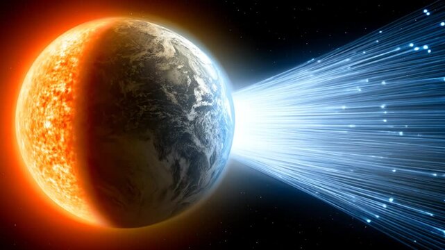 Conceptual depiction of planet earth with energy beams radiating outwards