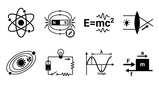 Physics, science and engineering icons, black line illustrations, educational diagrams, formulas and symbols, vector set of 8