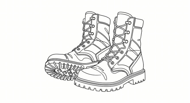 Military combat boots line art illustration for veteran memorial day and tactical gear banner