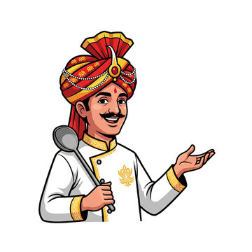 Illustrated portrait of indian chef wearing traditional pagri turban holding serving spoon with restaurant culinary professional illustration hospitality tradition catering character