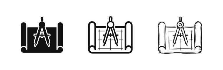 Set of architect icons, divider compass on blueprint, planning, design, vector illustrations © drawing lines