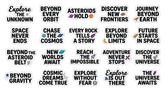 Set of twenty inspirational space exploration quotes and motivational typographic designs