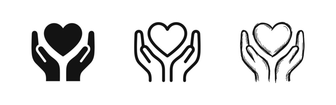 Hands Holding Heart Icon Set, Charity and Love Symbol in Different Styles