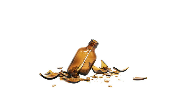 Broken brown glass bottle on the floor isolated on transparent background