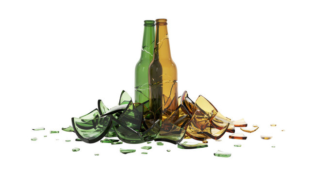 Broken glass beer bottles on the floor isolated on transparent background
